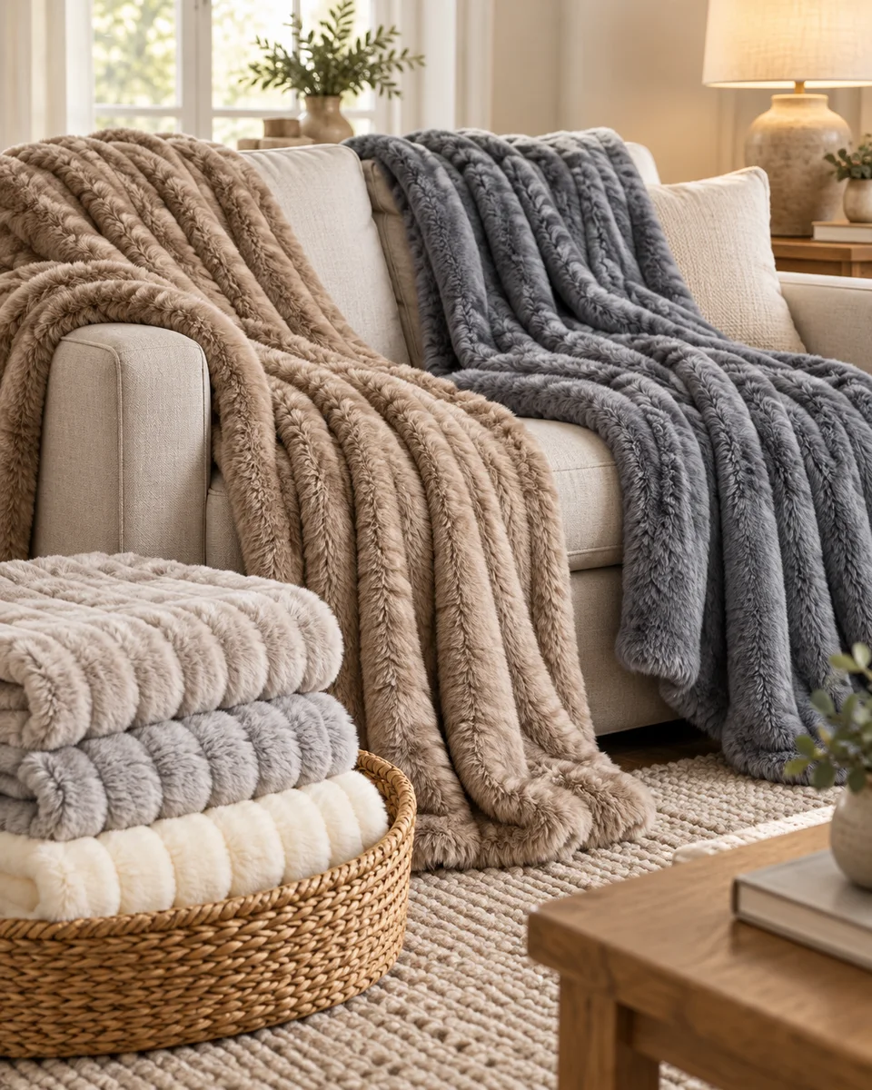 Digitally styled inspiration:plush neutral faux-fur throws in a cosy living room
