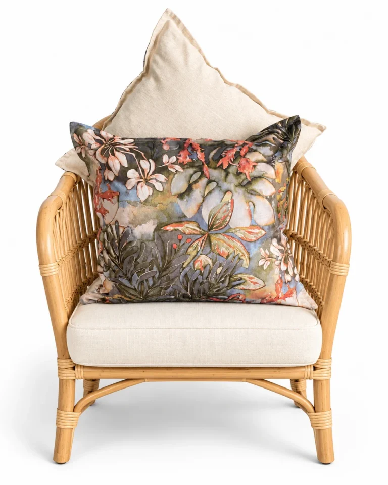 Botanical dream 2 — Digitally styled light natural rattan armchair on white