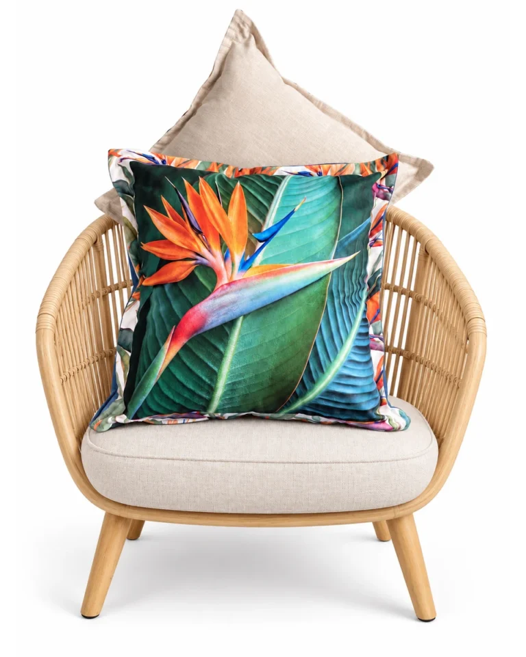 Tropicana crest strelitzia — Digitally styled light natural rattan armchair on white