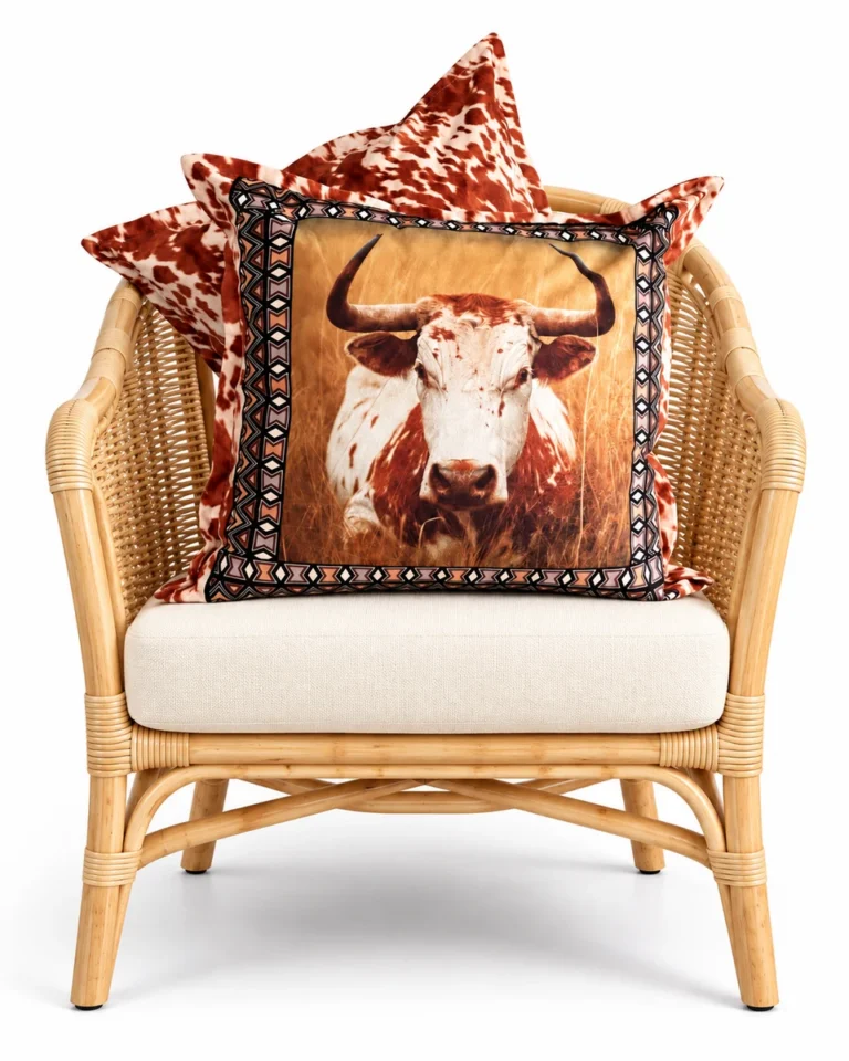 Nguni noir 2 — Digitally styled light natural rattan armchair on white
