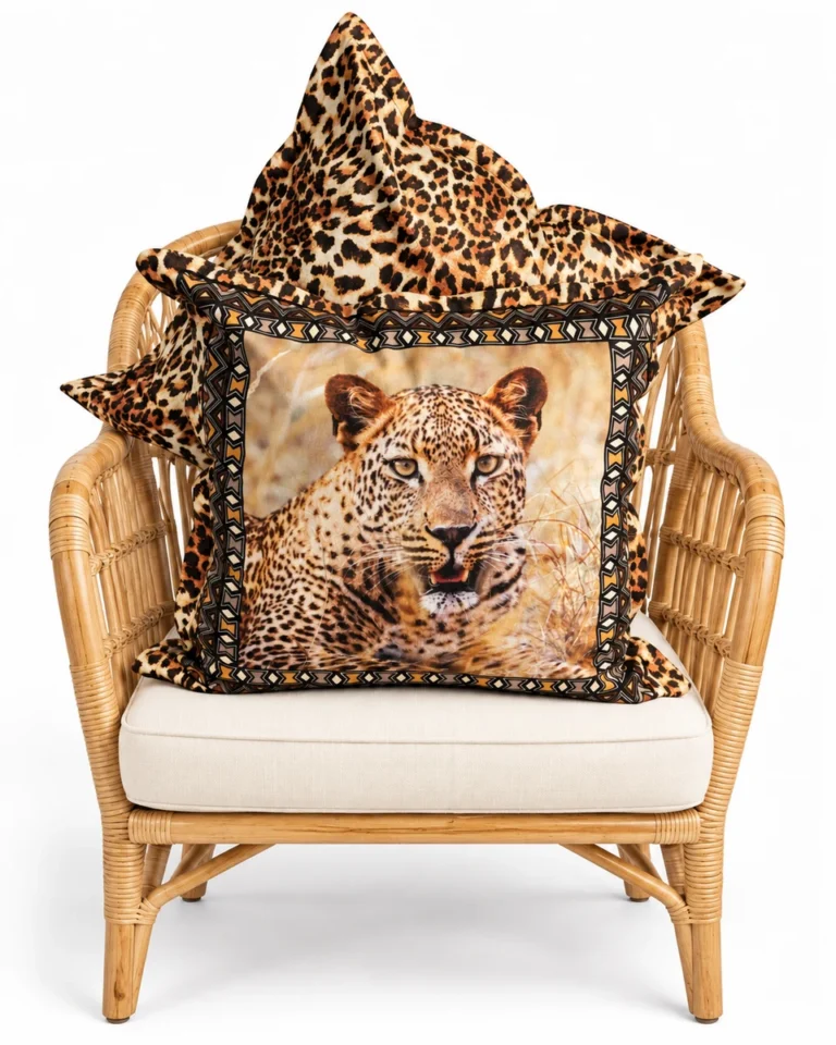 The regal rosette leopard — Digitally styled light natural rattan armchair on white